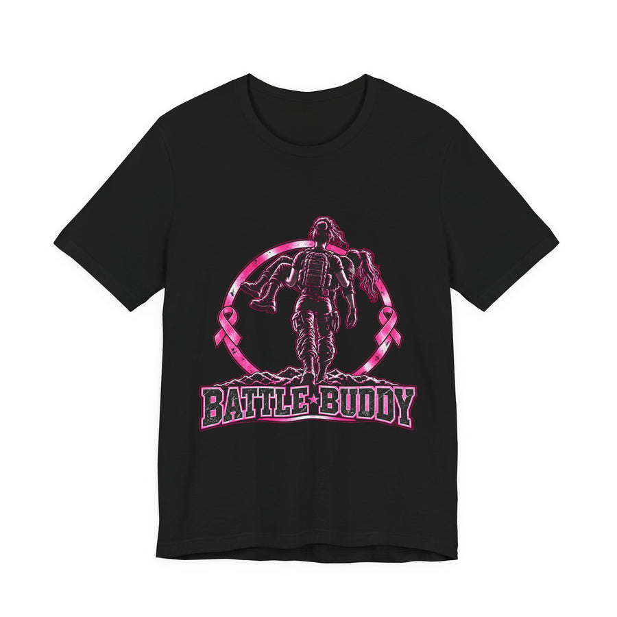 Female Battle Buddy Breast Cancer Awareness Tee on black