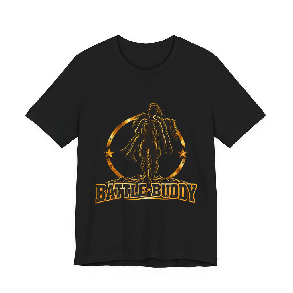 Female Battle Buddy T-Shirt with black and old-gold service member artwork by MA & PA APPAREL