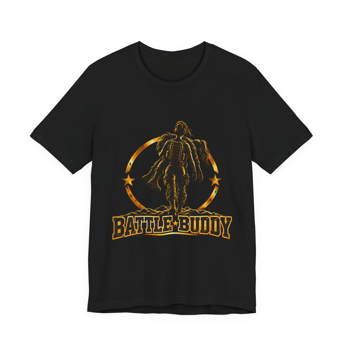 Female Battle Buddy T-Shirt with black and old-gold service member artwork by MA & PA APPAREL